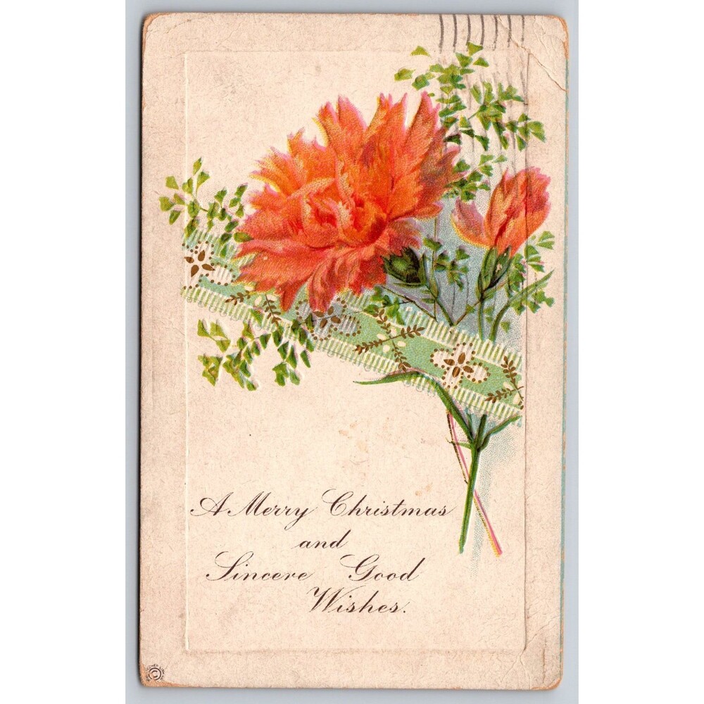 Vintage 1920 Christmas Postcard Orange Carnations Floral Greeting Hand -Written